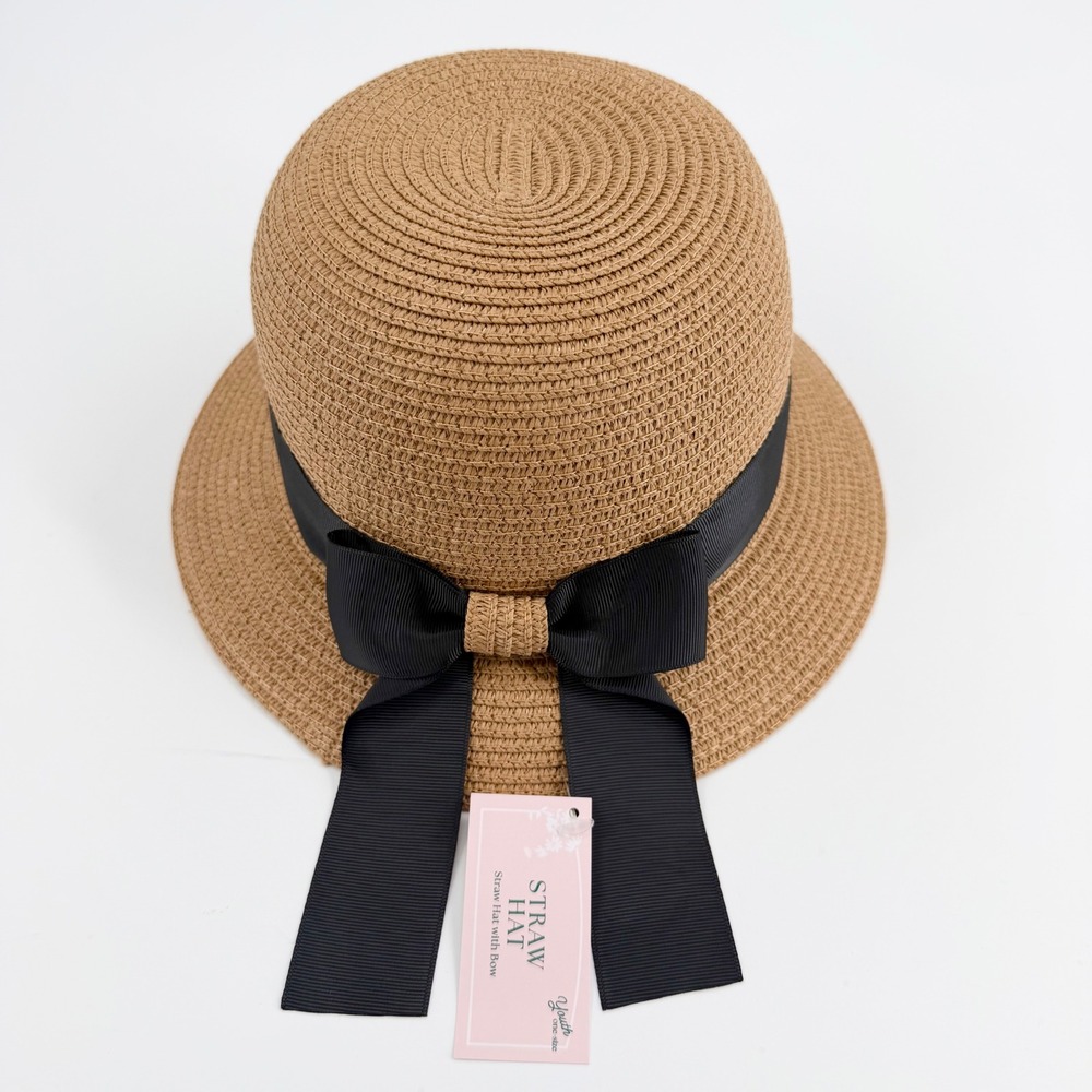 NWT One Size Straw Hat Tan Black Bow Ribbon Summer Beach Sun Cap